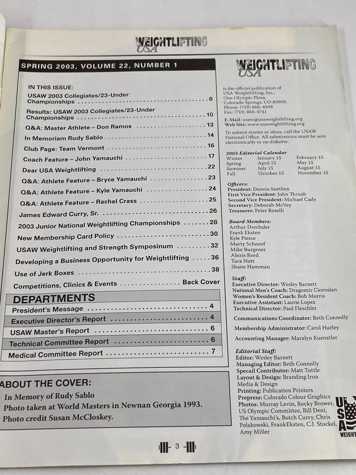 Inside page of Weightlifting USA Magazine Vol 22 #1 Spring 2003 displaying the table of contents, showcasing various articles and events related to competitive weightlifting.