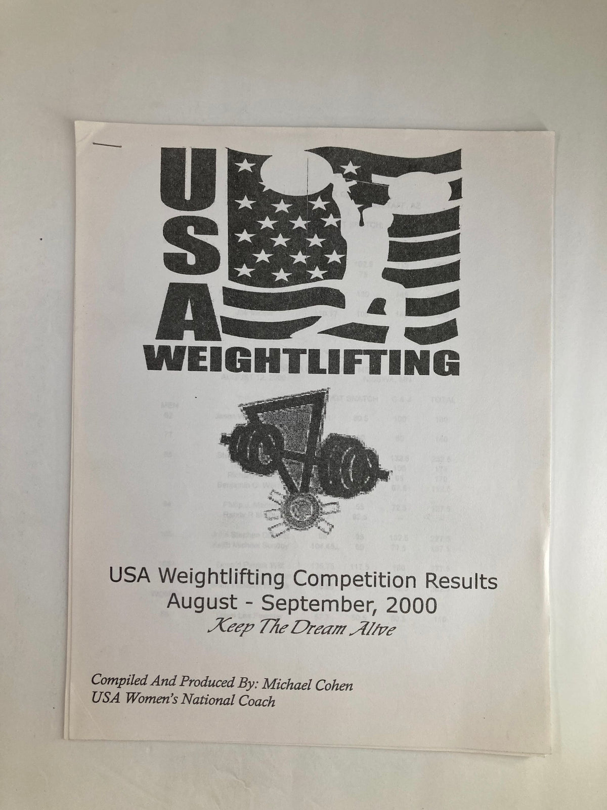 Cover page of 'Weightlifting USA August-September 2000 Keep The Dream Alive' showcasing USA Weightlifting competition results.