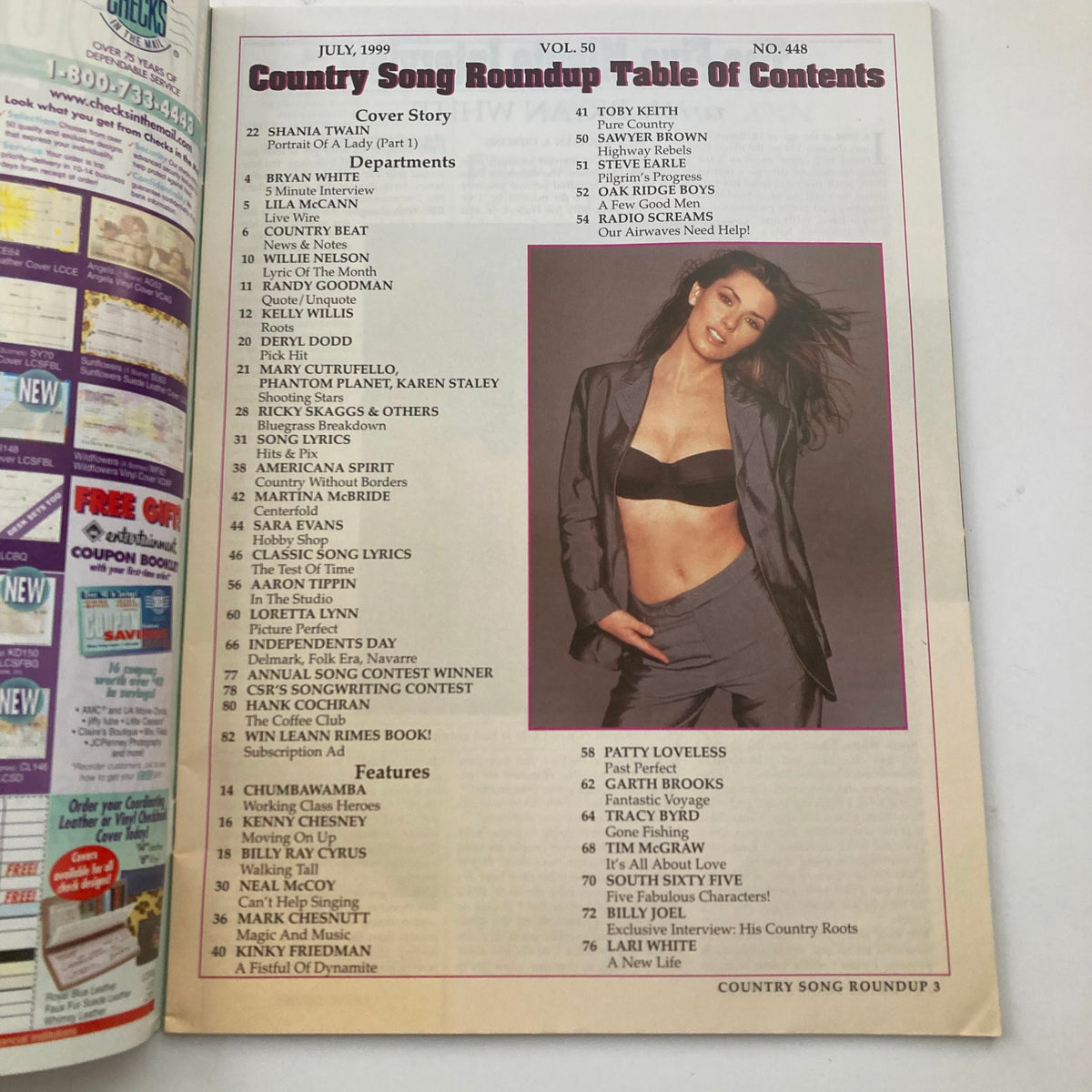 Inside page of the Country Song Roundup Magazine July 1999 with the Table of Contents, showcasing Shania Twain and various country music features.