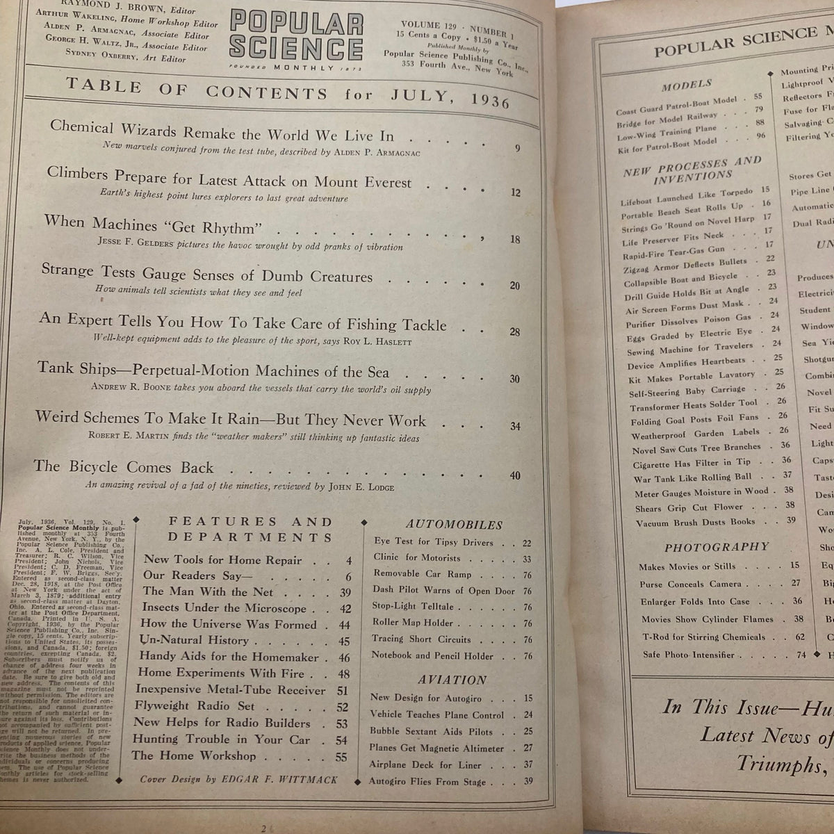 Inside page of the VTG Popular Science Monthly Magazine from July 1936, featuring the Table of Contents for the issue titled 'When Machines Get Rhythm'. The page includes sections and articles related to science, technology, and innovation during the 1930s.