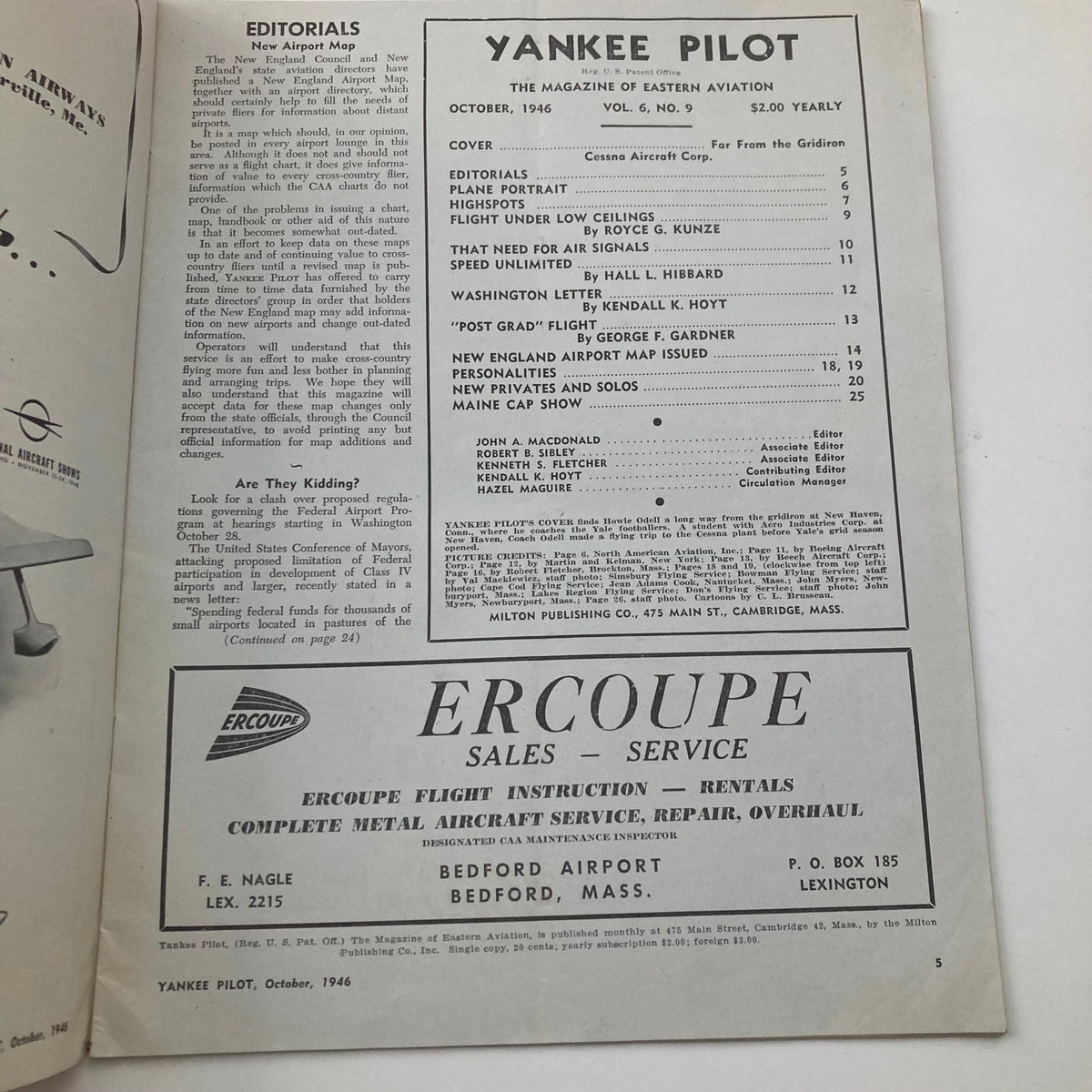 Interior page from the Vintage Yankee Pilot Magazine October 1946, displaying the table of contents and editorial section, highlighting aviation articles.