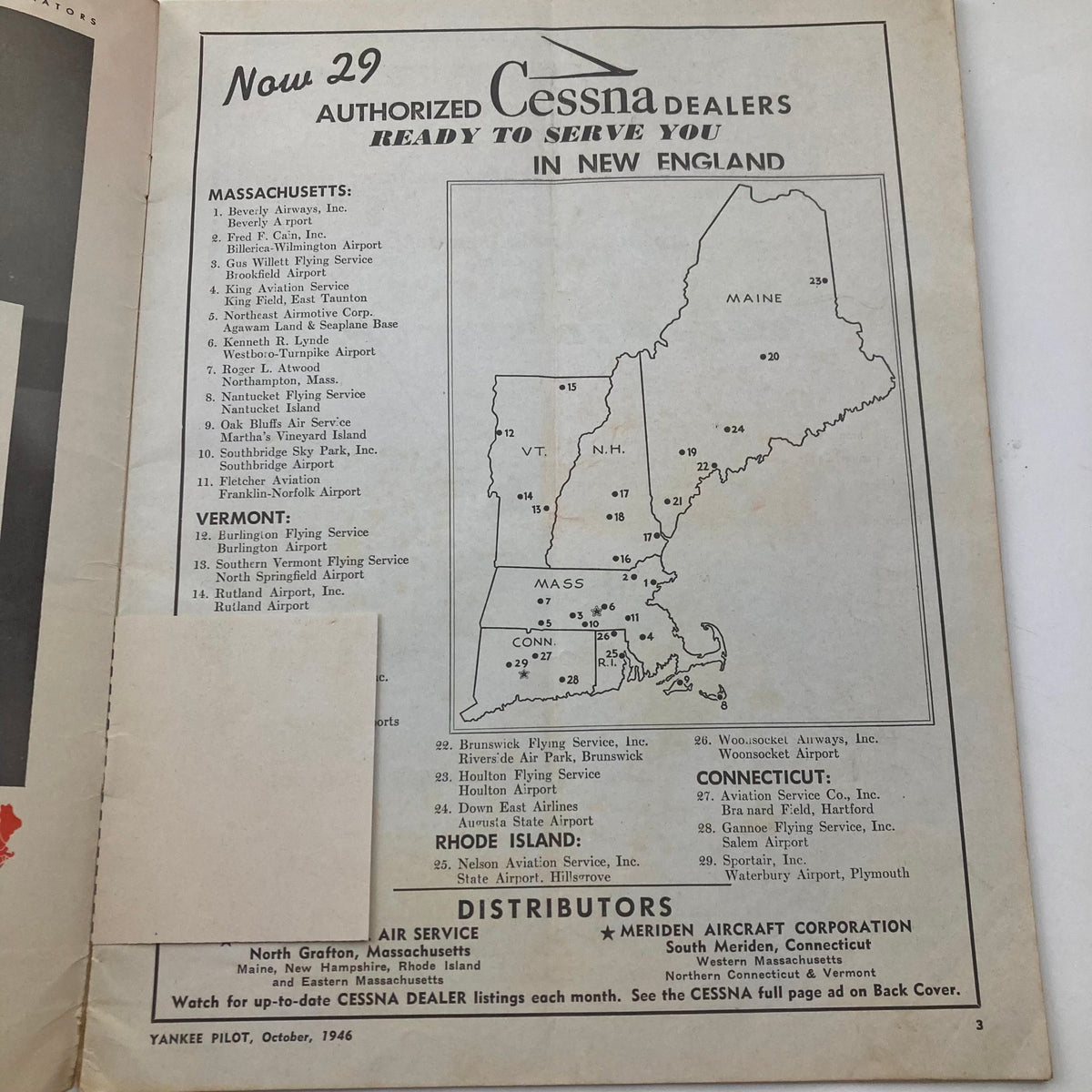 Another interior page from the Vintage Yankee Pilot Magazine October 1946, featuring a map of authorized Cessna dealers in New England.