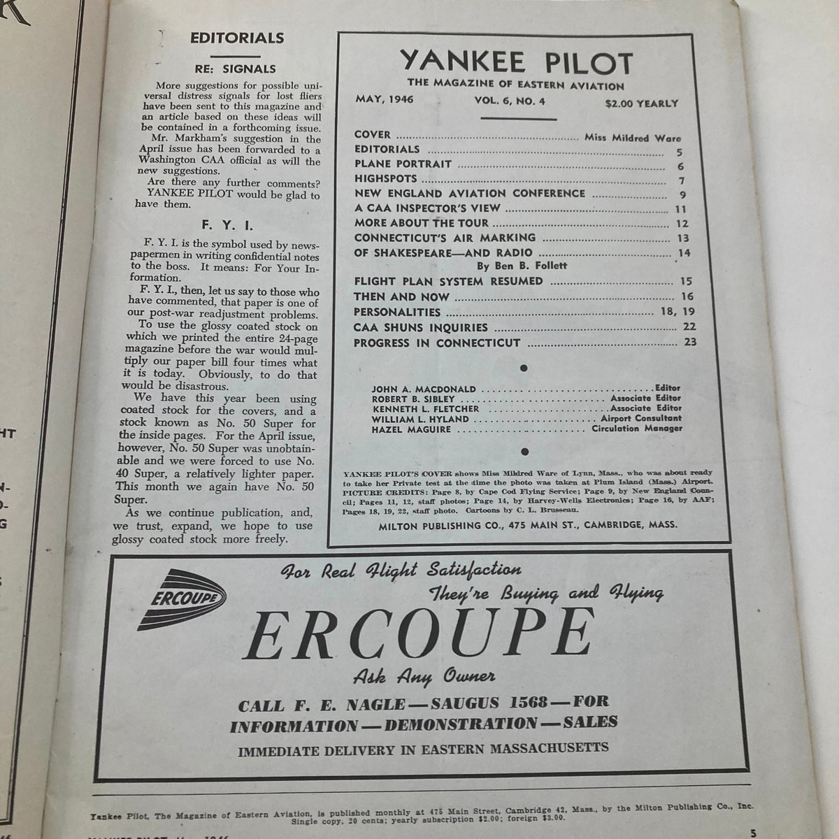 Editorial page from VTG Yankee Pilot Magazine May 1946, Vol 6 No. 4 featuring articles, editorials, and aviation highlights including a focus on Miss Mildred Ware.