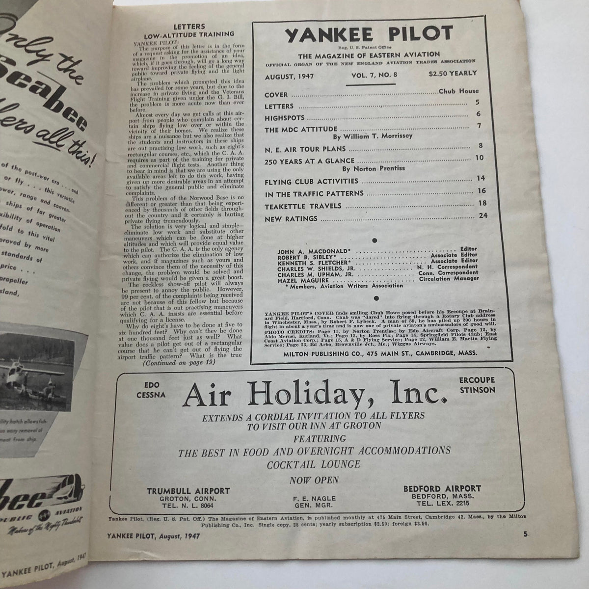 Inside page of VTG Yankee Pilot Magazine August 1947, displaying table of contents with articles related to aviation and features from the magazine.