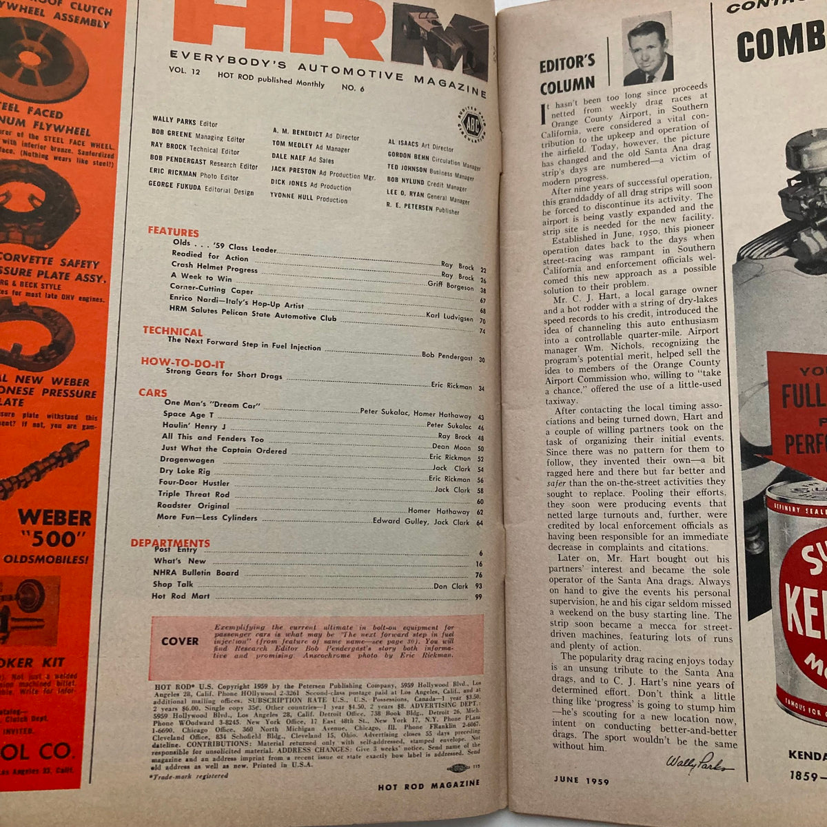 Interior page of VTG Hot Rod Magazine June 1959 Vol 12 No. 6 detailing the magazine's features, editor's column, and automotive topics related to car culture.