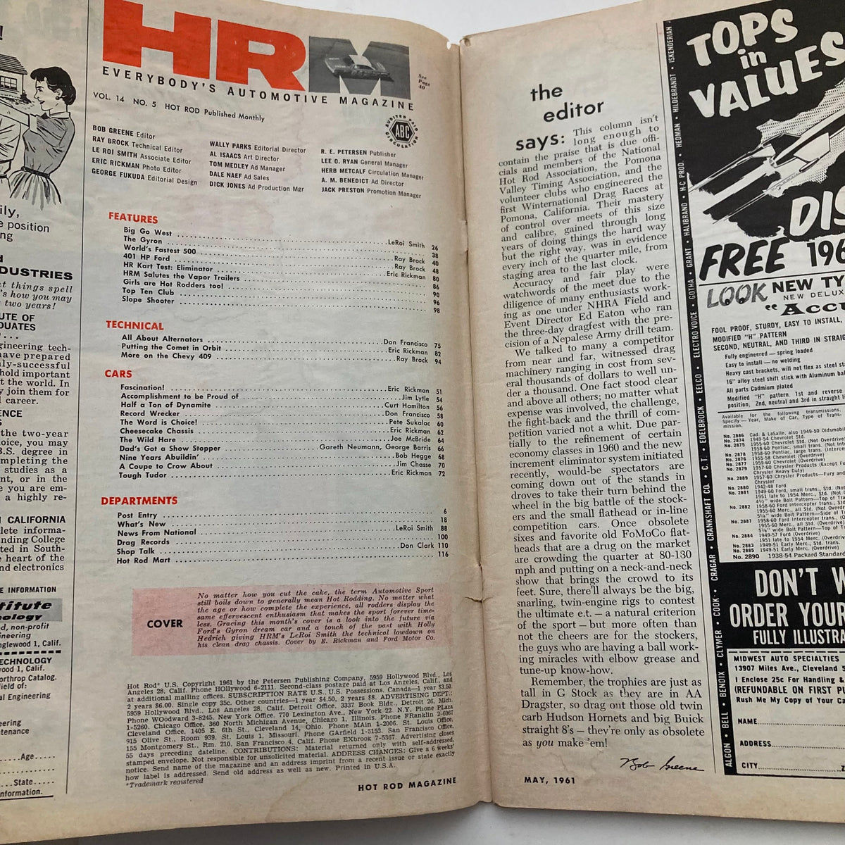 Inside page of Hot Rod Magazine May 1961, Volume 14, Number 5 displaying content listings and editorial notes, contributing to the historical context of automotive journalism.