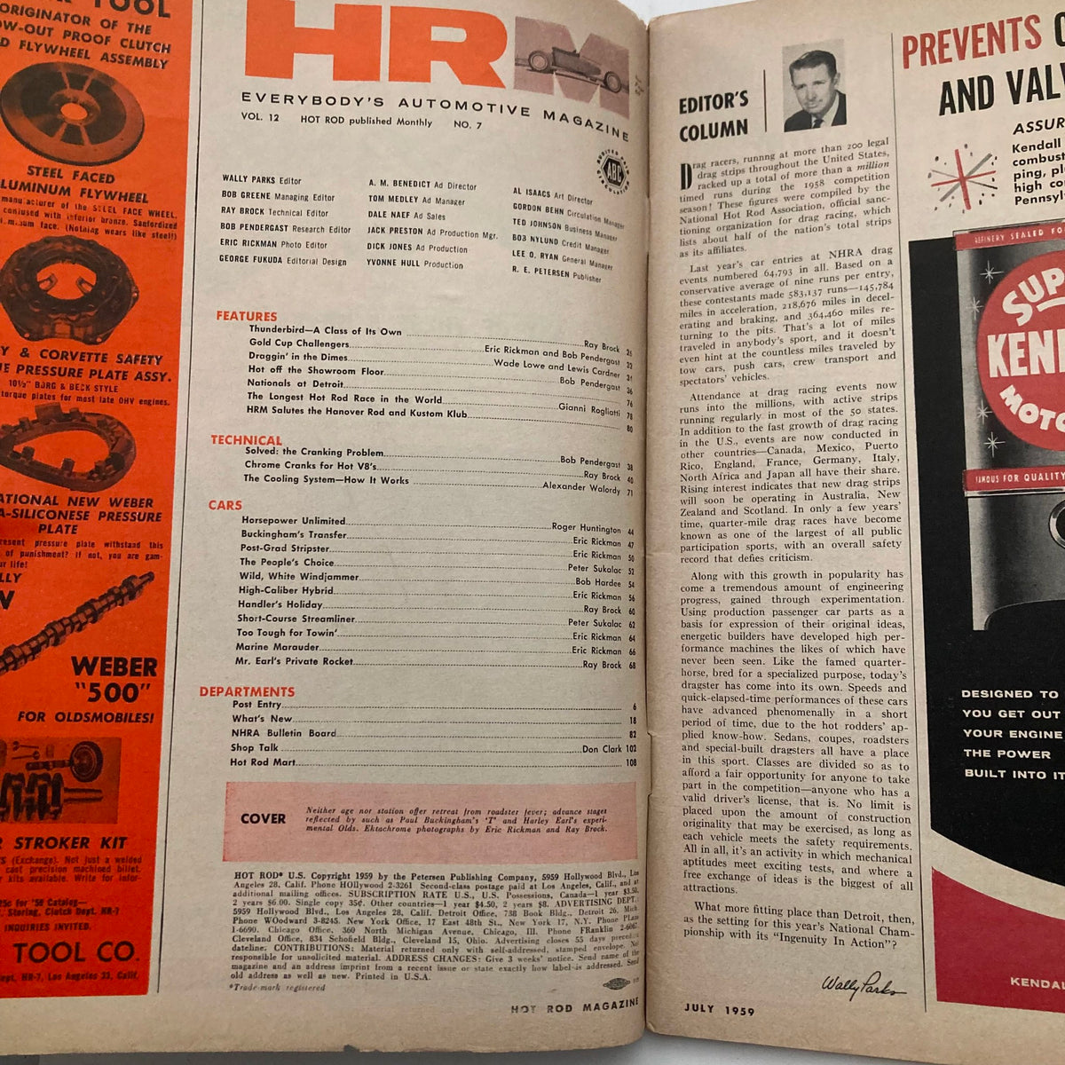 Interior page of VTG Hot Rod Magazine July 1959 Vol 12 No. 7 displaying editorial content, features, and technical articles related to classic cars and hot rodding.
