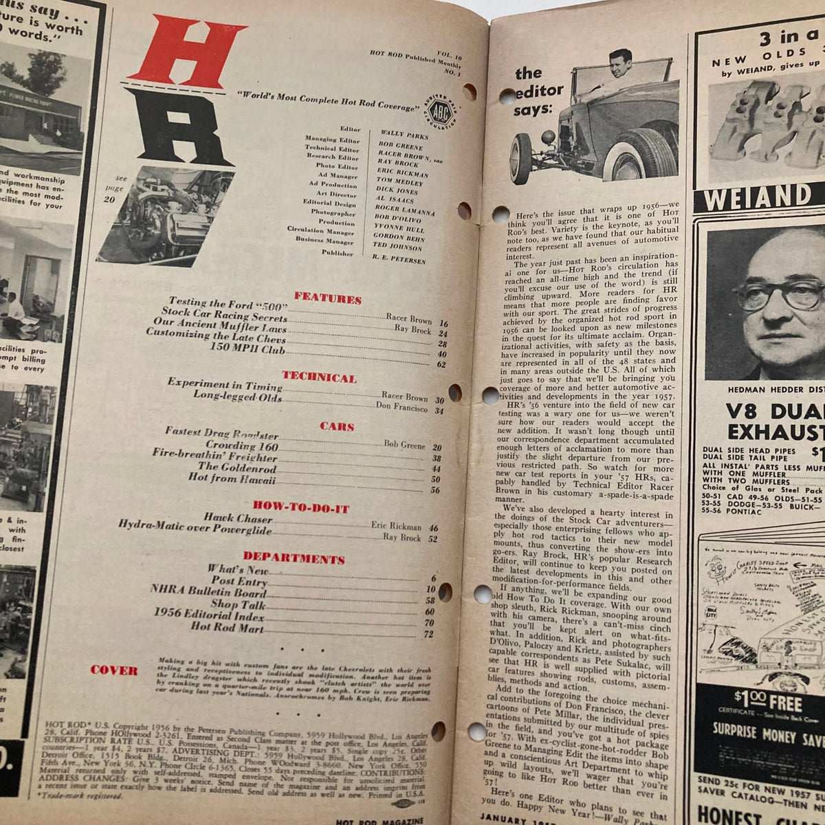 Interior page of VTG Hot Rod Magazine from January 1957, showing the table of contents for Volume 10, including features on stock car racing.