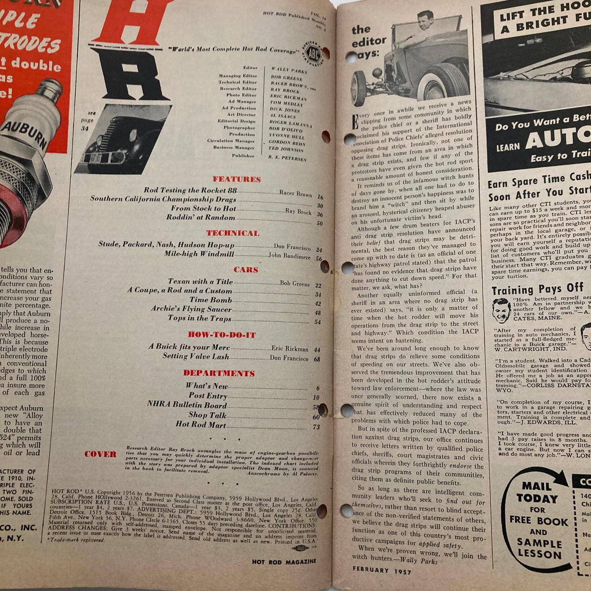 Interior page of VTG Hot Rod Magazine February 1957 displaying the table of contents with featured articles on cars, technical insights, and editor's notes.
