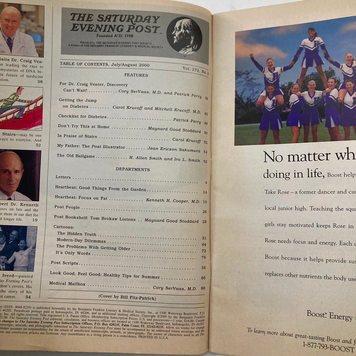 An interior page of The Saturday Evening Post, July 2000, showcasing the table of contents and related articles, including a feature on Craig Venter and Celera Genomics.