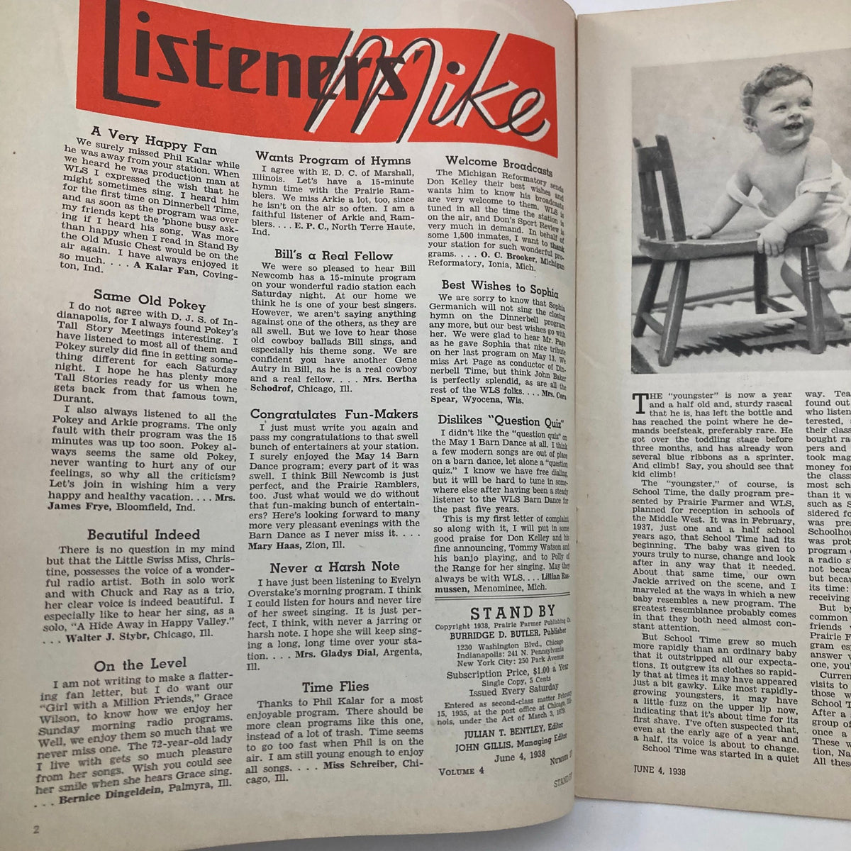 Interior page of VTG Stand By Magazine June 4, 1938 showcasing the 'Listeners Mike' section with articles and a photograph of a baby sitting on a chair.