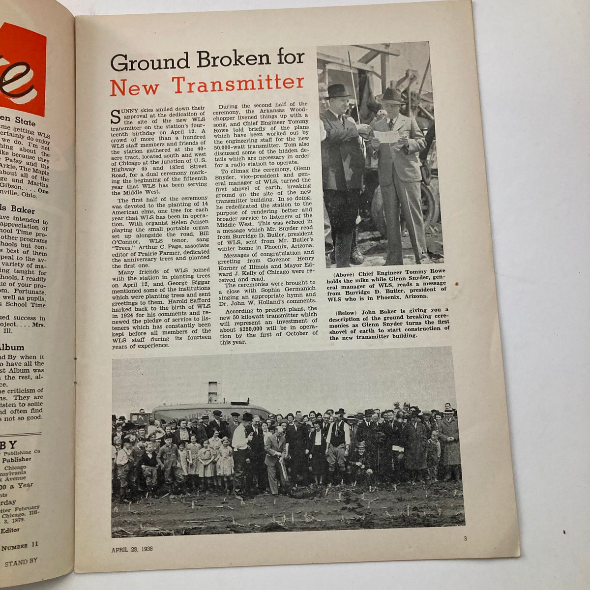 Interior page of VTG Stand By Magazine April 23, 1938 showcasing an article titled 'Ground Broken for New Transmitter' with historical images and text.