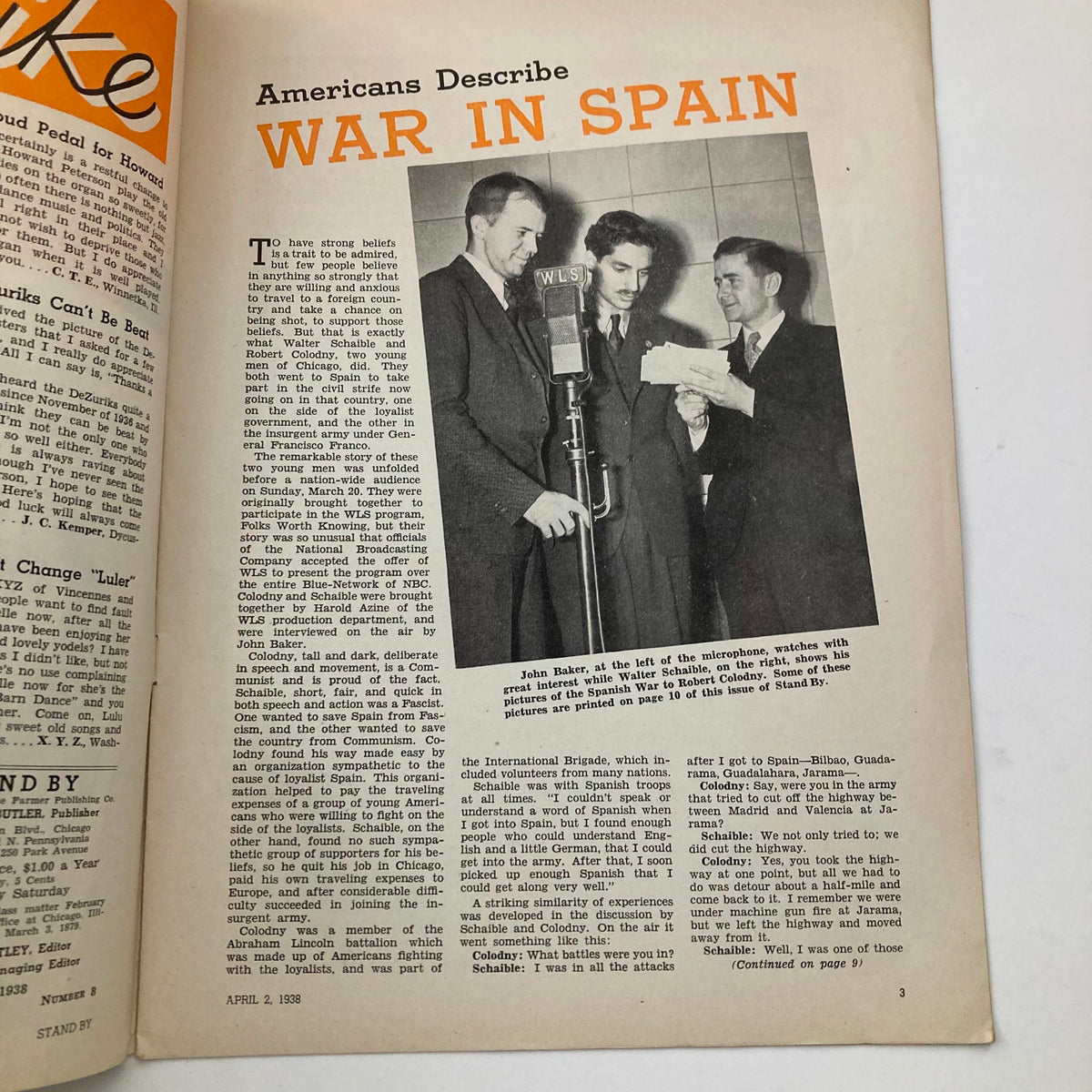 Inside page of the VTG Stand By Magazine from April 2, 1938 detailing Americans' experiences in Spain during the war.