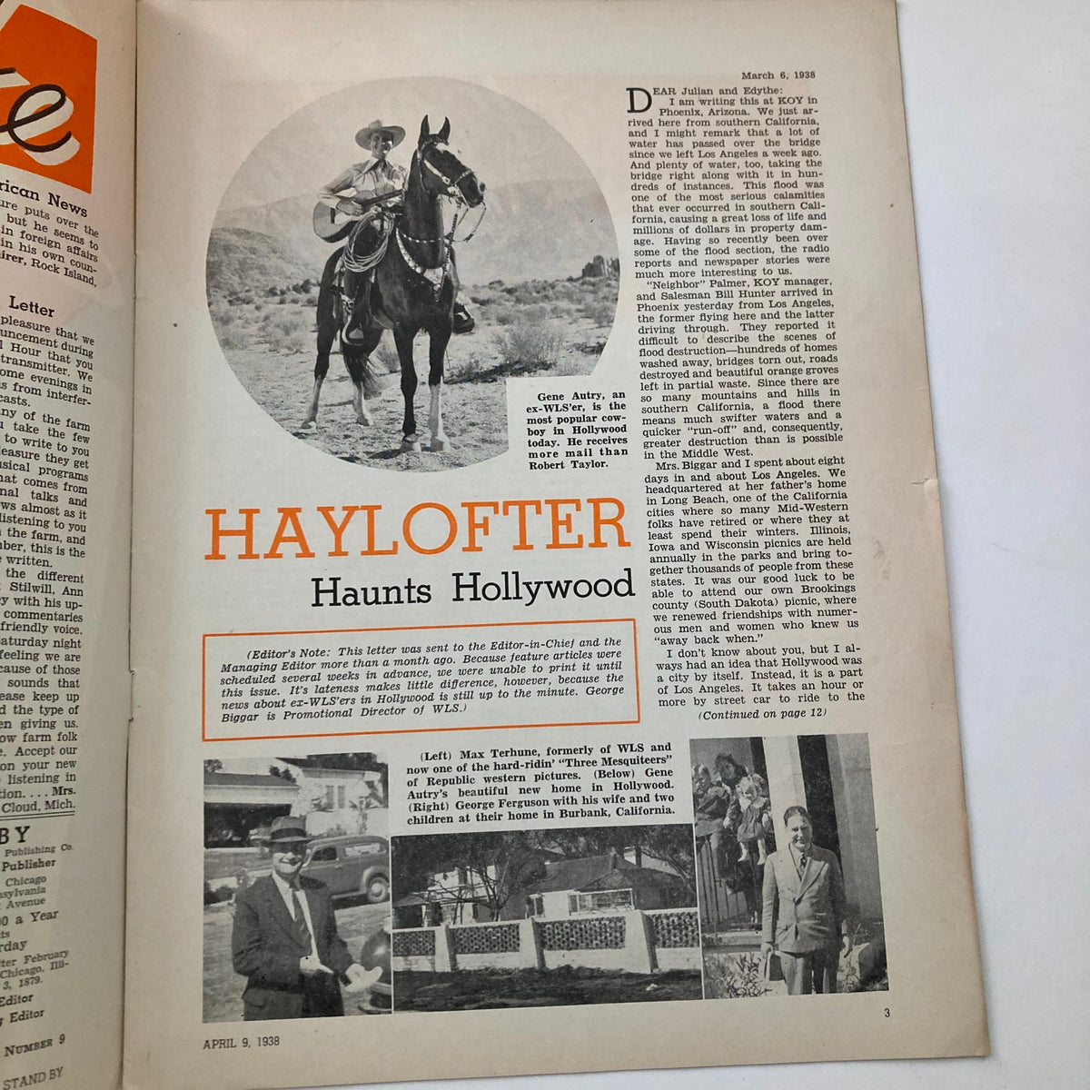Interior page of VTG Stand By Magazine from April 9, 1938, with the article titled 'Haylofter Haunts Hollywood' and images related to Hollywood.