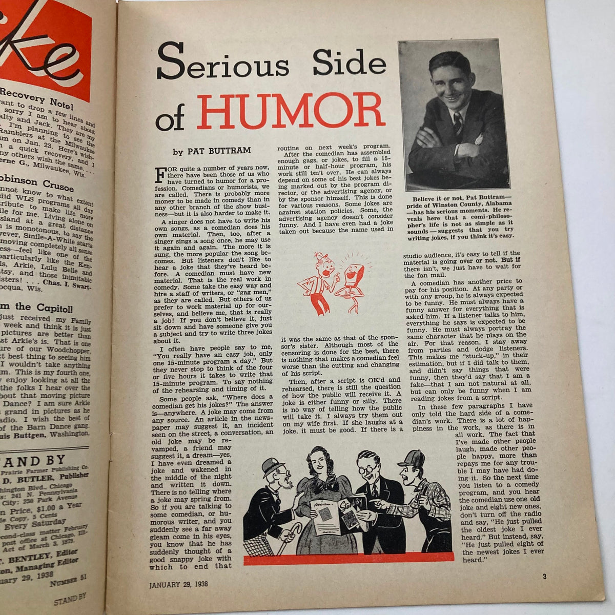 Interior page of VTG Stand By Magazine, January 29, 1938, showcasing an article titled 'Serious Side of Humor' by Pat Buttram with illustrations and text related to humor in entertainment.
