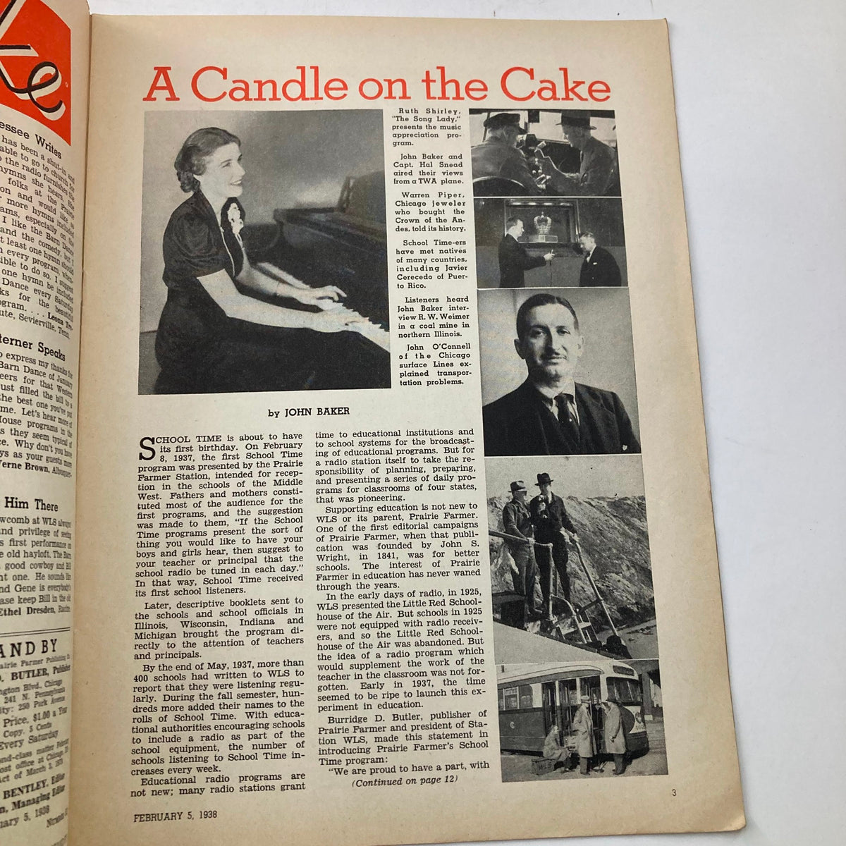 Interior page of VTG Stand By Magazine, February 5, 1938, displaying the article 'A Candle on the Cake' with relevant historical images and text.
