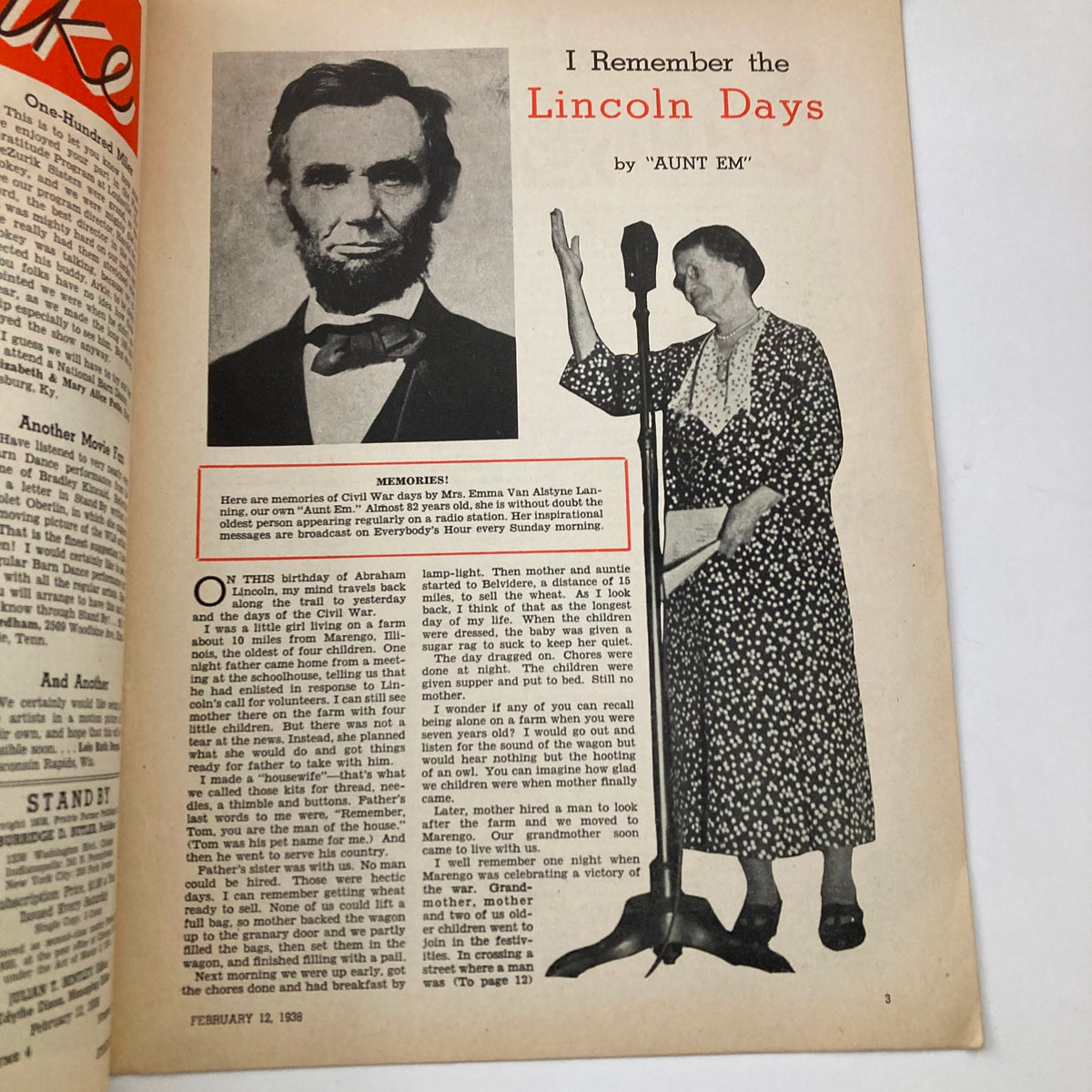 Page from VTG Stand By Magazine February 12 1938 featuring an article titled 'I Remember the Lincoln Days' by 'AUNT EM', with a photograph of Abraham Lincoln and a woman speaking at a microphone, capturing memories of the Civil War era.