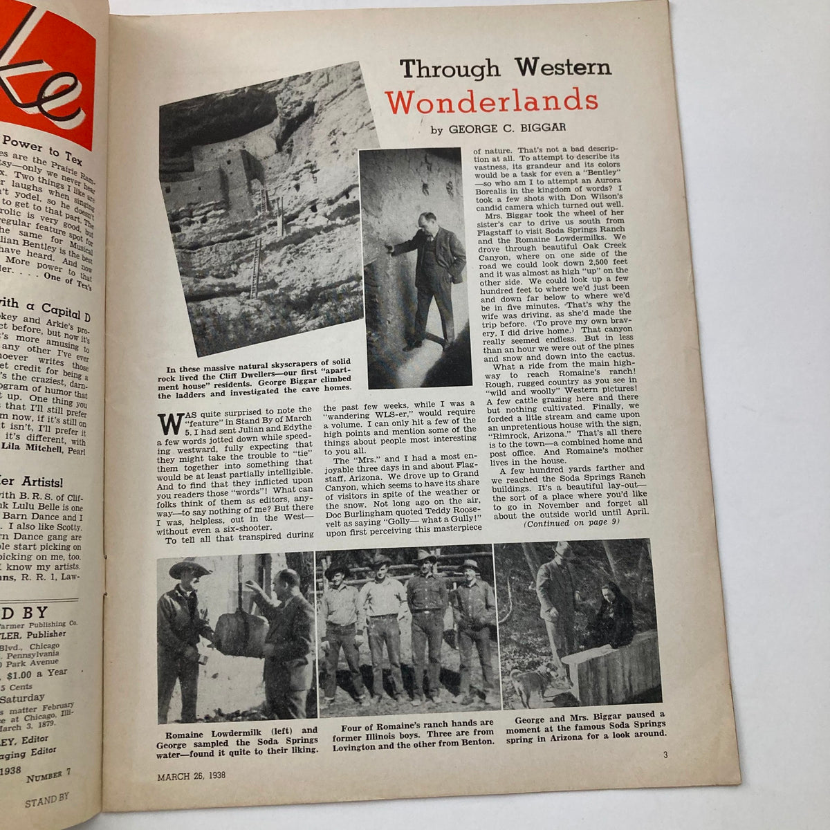 VTG Stand By Magazine March 26 1938 interior page highlighting the article 'Through Western Wonderlands' by George C. Biggar, with photographs and text discussing natural landmarks.