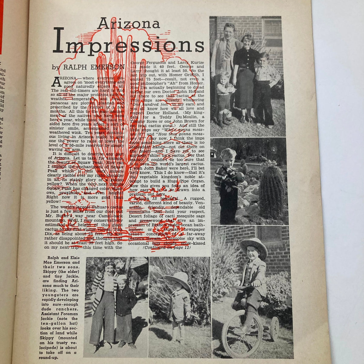 Page from VTG Stand By Magazine February 19, 1938, featuring the article 'Arizona Impressions' by Ralph Emerson, accompanied by images and a cactus illustration.