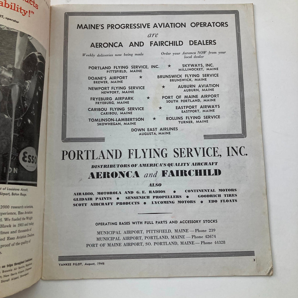 Inside page of VTG Yankee Pilot Magazine August 1946 showcasing advertisements for Aeronca and Fairchild aircraft dealers in Maine, providing historical insight into aviation services in the post-war era.