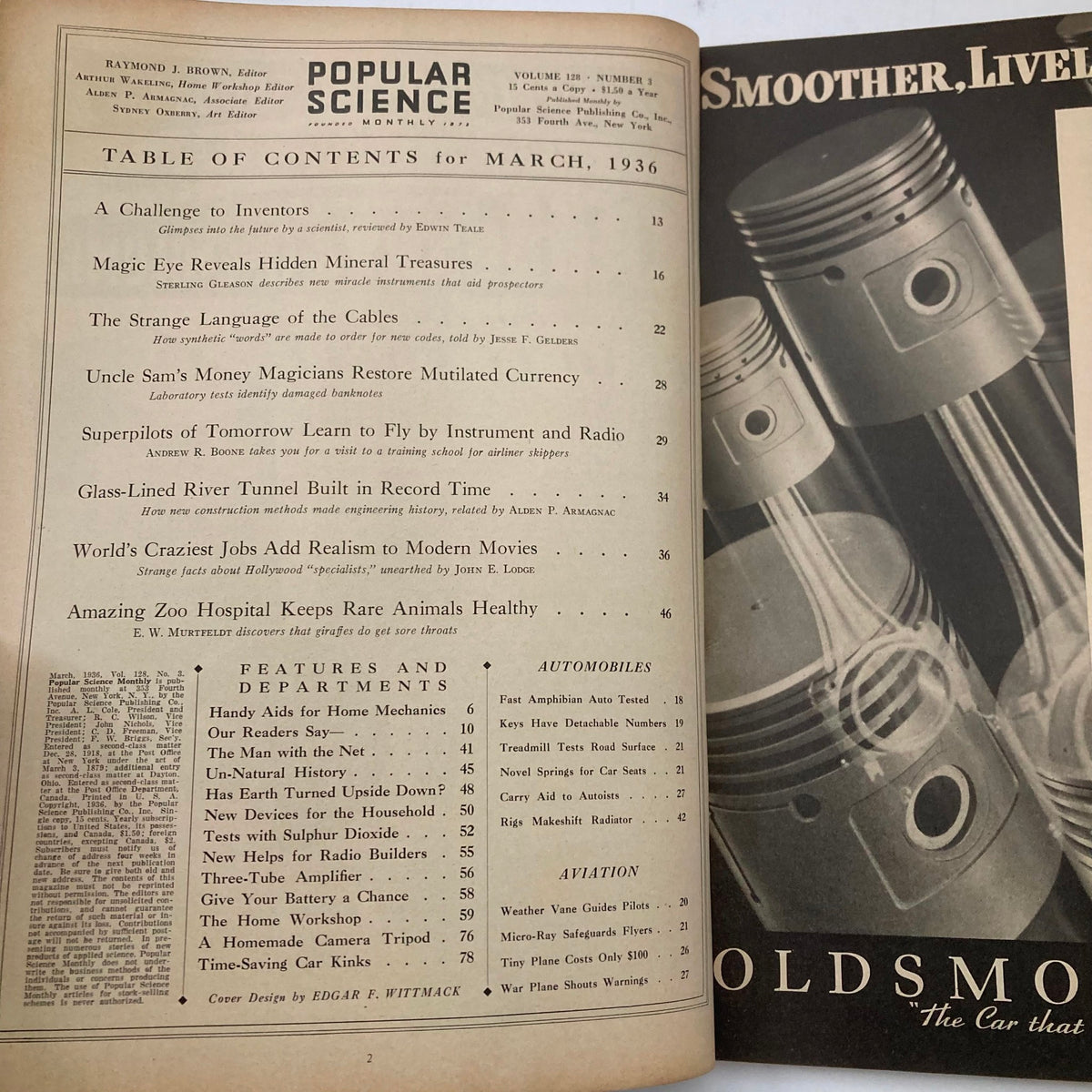 Inside page of VTG Popular Science Magazine March 1936 displaying the table of contents, highlighting features and articles related to science and technology innovations of the time.