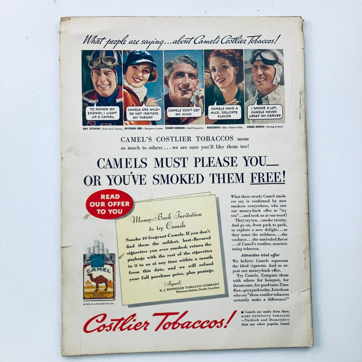 Back cover of VTG Popular Science Magazine March 1936 featuring an advertisement for Camel's Costlier Tobaccos, illustrating marketing and consumer products from the 1930s.