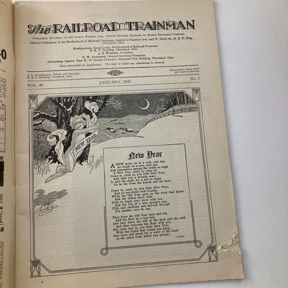 Interior page of VTG The Railroad Trainman Magazine January 1931 displaying a New Year theme poem, Volume 48, Number 1.