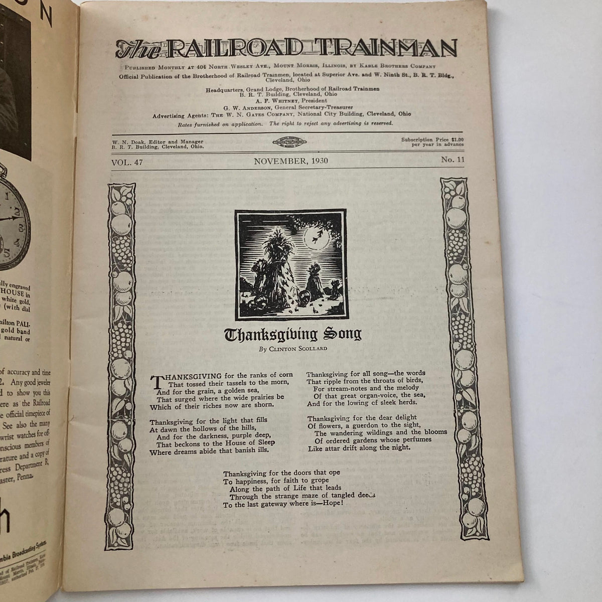 Interior page of VTG The Railroad Trainman Magazine - November 1930, showcasing the 'Thanksgiving Song' poem by Clinton Scollard, with decorative borders.