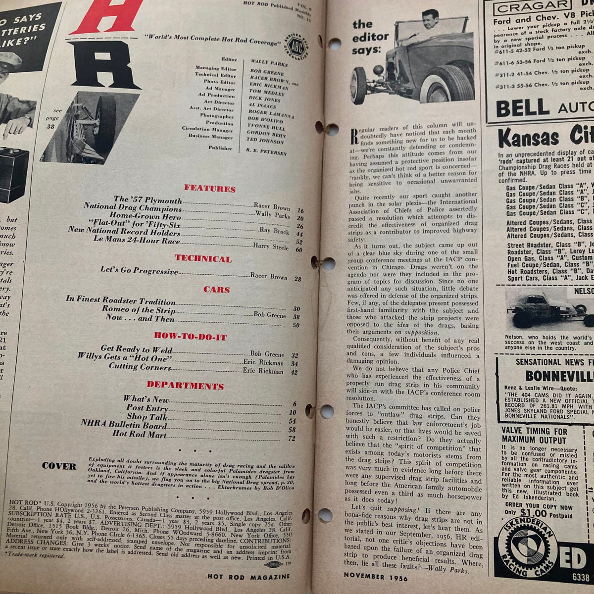 Inside page of the VTG Hot Rod Magazine November 1956 featuring the table of contents and editor's notes about hot rod culture.