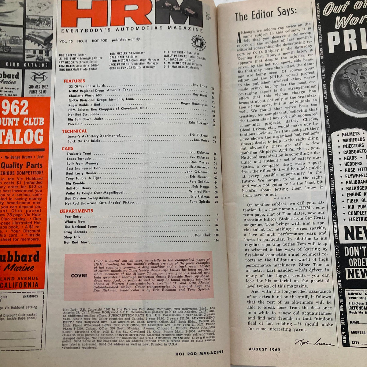 Inside page of VTG Hot Rod Magazine August 1962 Vol 15 No. 8 displaying article contents and editorial notes, showcasing the magazine's vintage automotive insights.