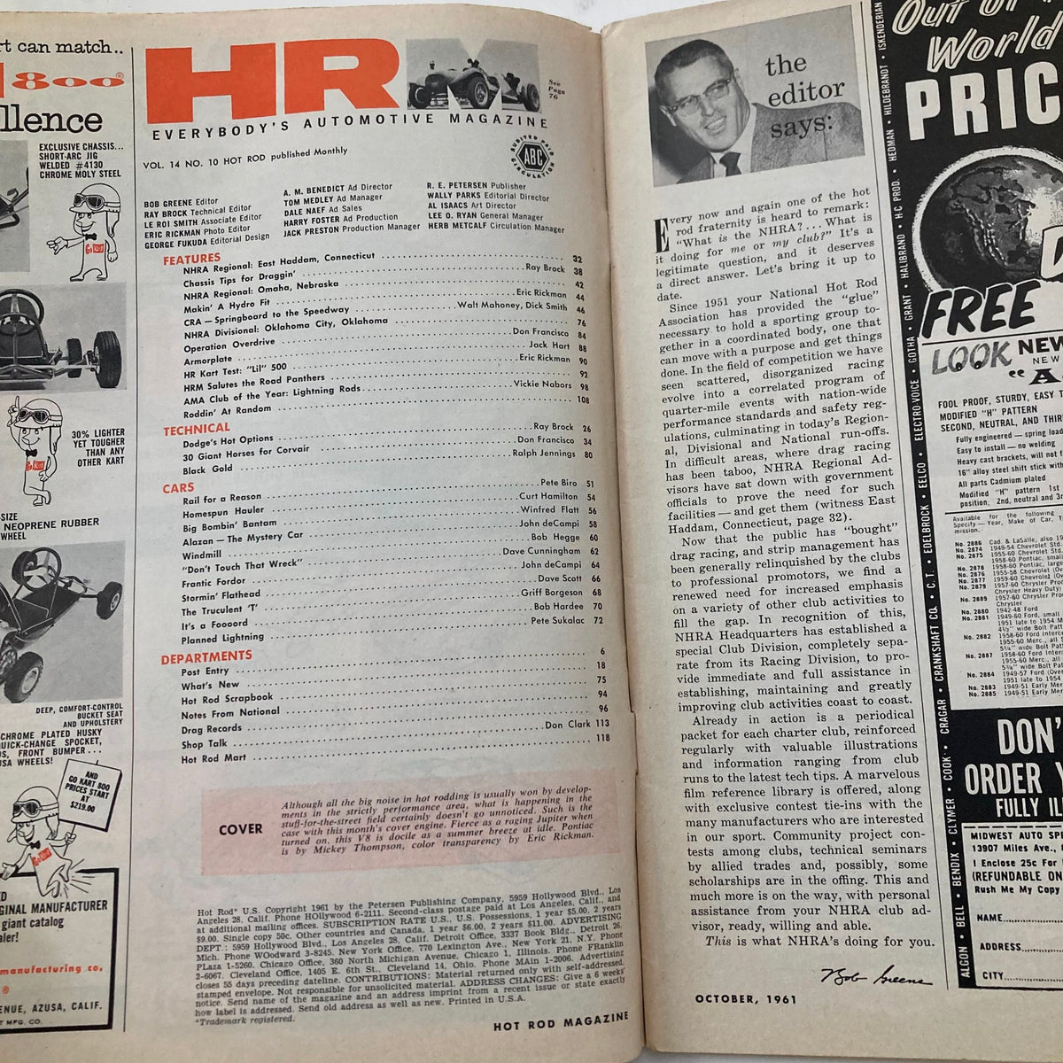 Interior page of VTG Hot Rod Magazine October 1961 Vol 14 No. 10 showcasing the table of contents and editor's message.