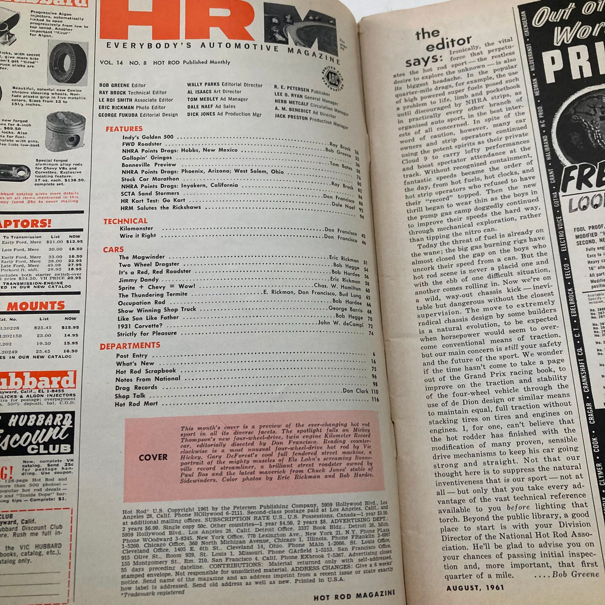 Interior page of VTG Hot Rod Magazine August 1961, Volume 14, Number 8, featuring contents and articles about hot rods and automotive culture.