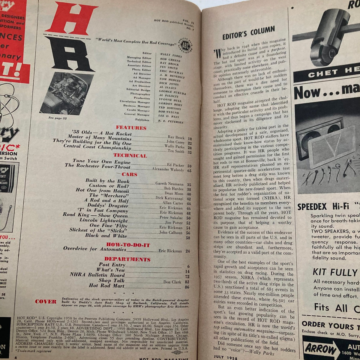 Interior page of VTG Hot Rod Magazine July 1958, detailing features and articles including 'Tune Your Own Engine' and editor's notes.