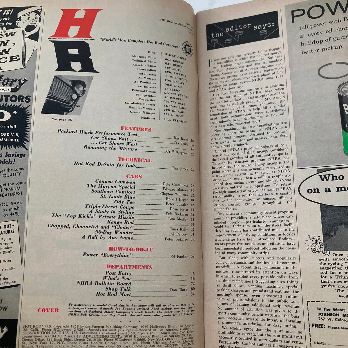 Inside page of VTG Hot Rod Magazine May 1958, featuring the table of contents with a focus on the Packard Hawk performance test and other featured articles.
