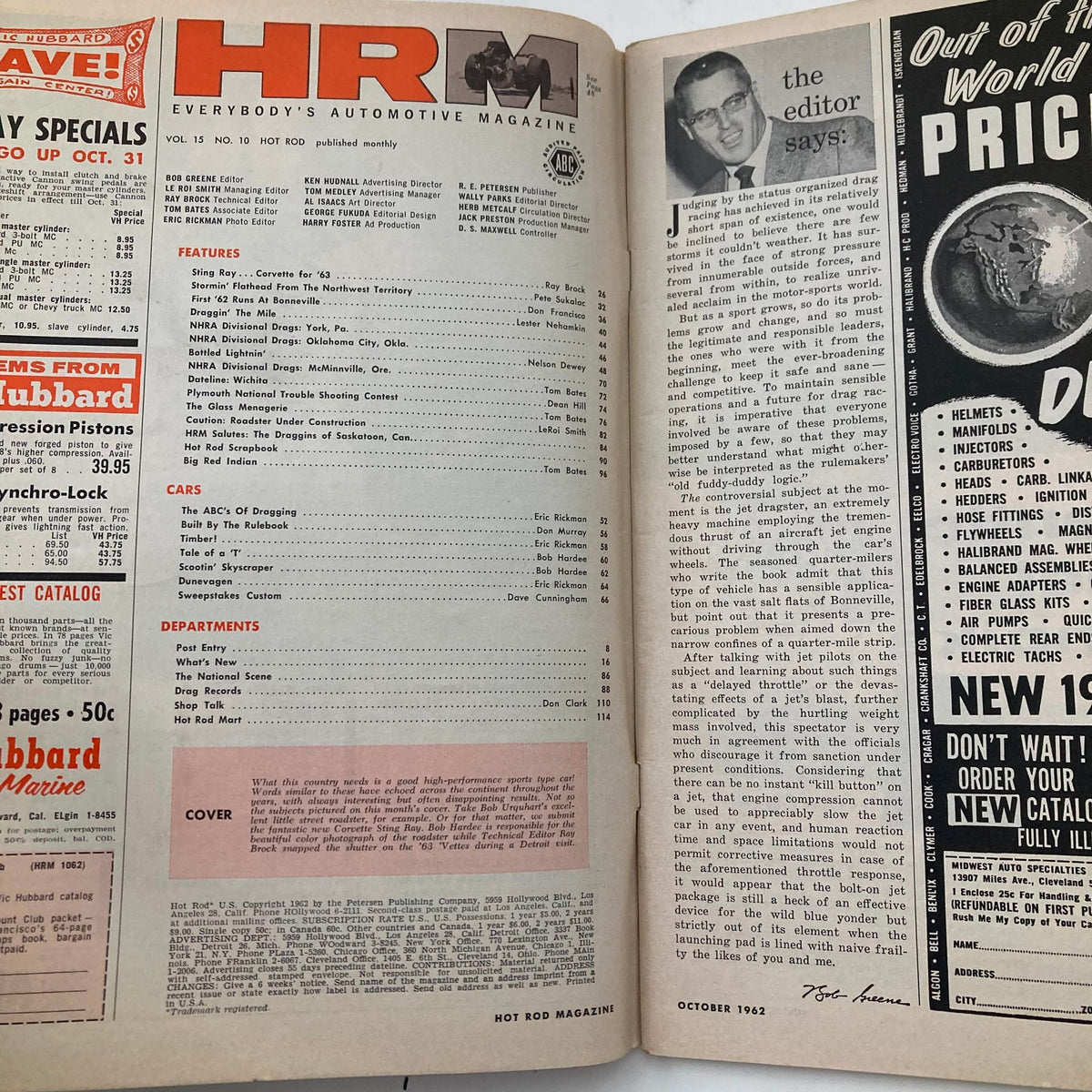 Interior page of Hot Rod Magazine October 1962 showing the table of contents and editor's note, highlighting the themes of performance cars and racing.