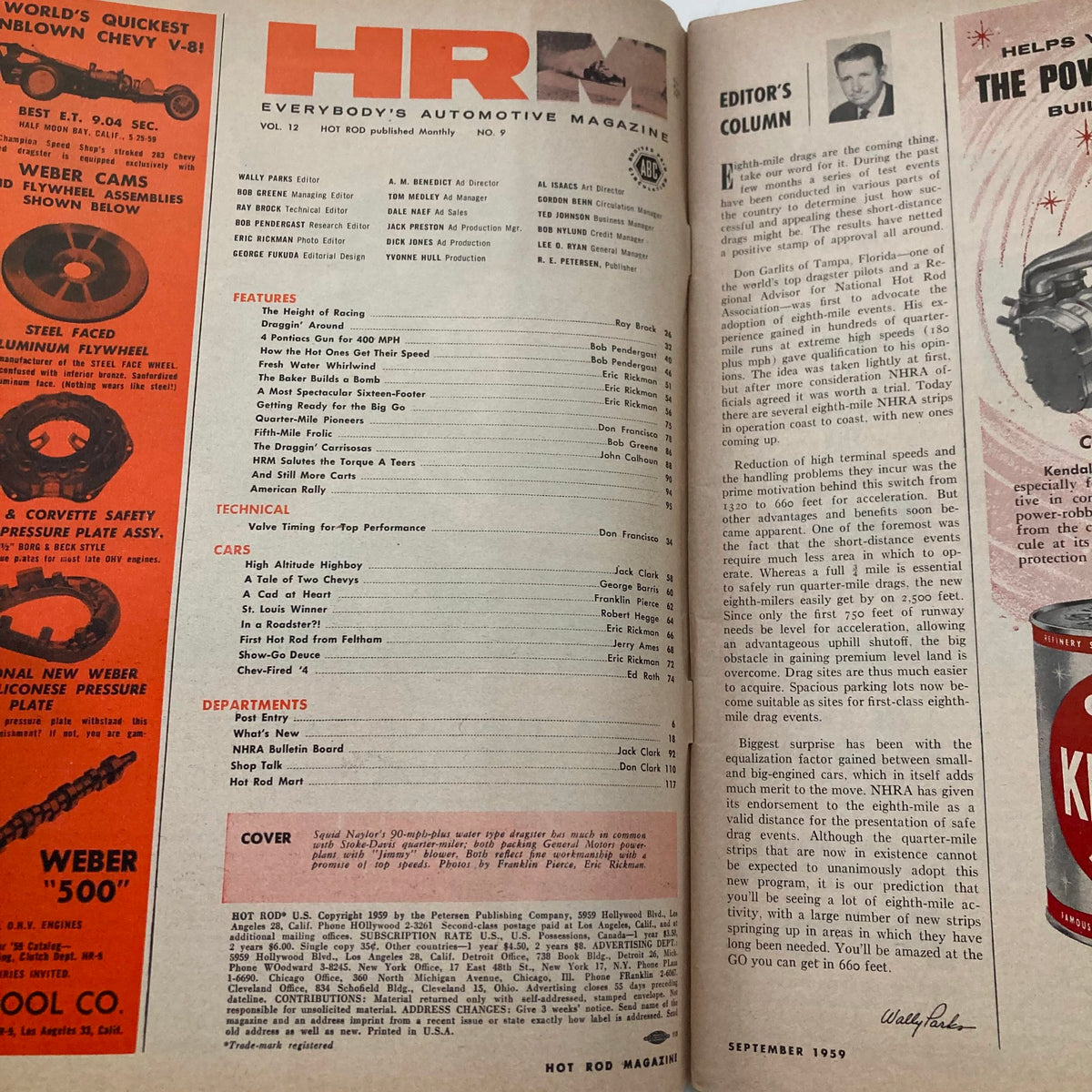 Inside page of VTG Hot Rod Magazine September 1959, Volume 12, Number 9 showcasing article listings and editor's column with automotive details.