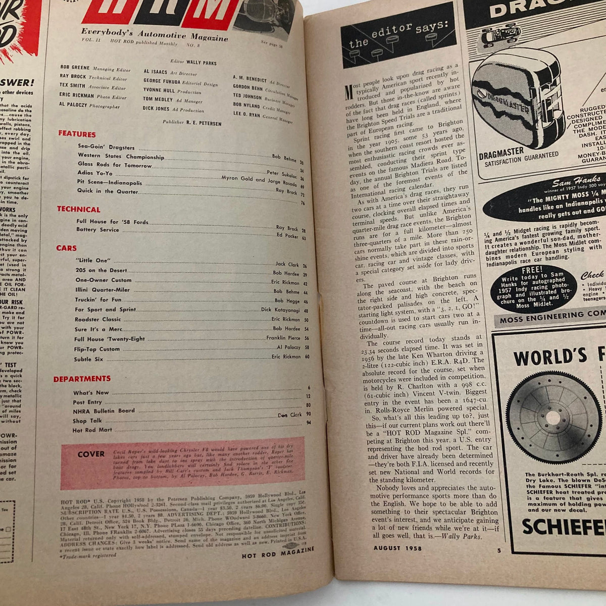Interior page of VTG Hot Rod Magazine August 1958 Vol 11 No. 8 offering insights on drag racing, technical specifications for 1958 Ford vehicles, and features on car customization and performance enhancements.
