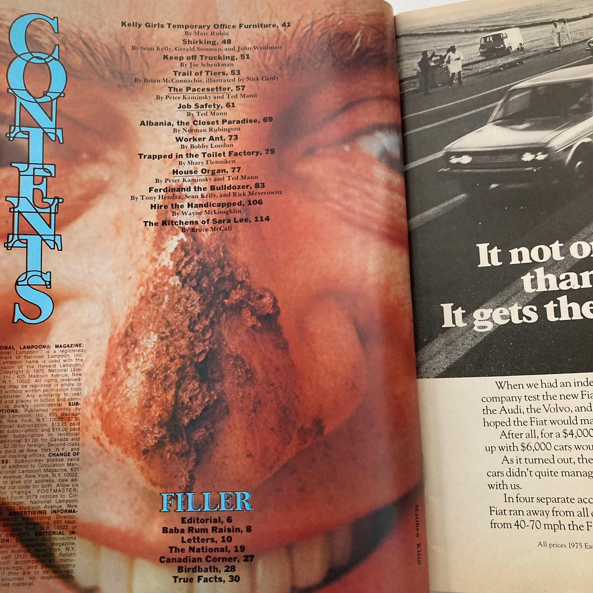 Contents page of Vtg National Lampoon Magazine November 1975 featuring Johnny Friendly, displaying an array of article titles set against a striking and humorous illustration.