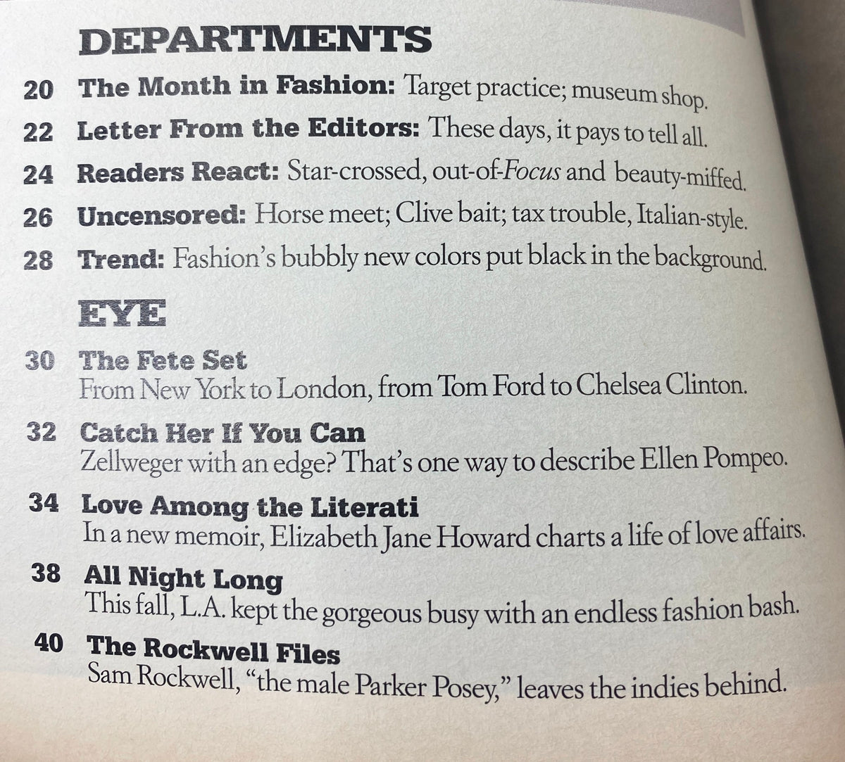 Table of contents from W Magazine January 2003, detailing features like fashion trends, editor's letter, and celebrity interviews.
