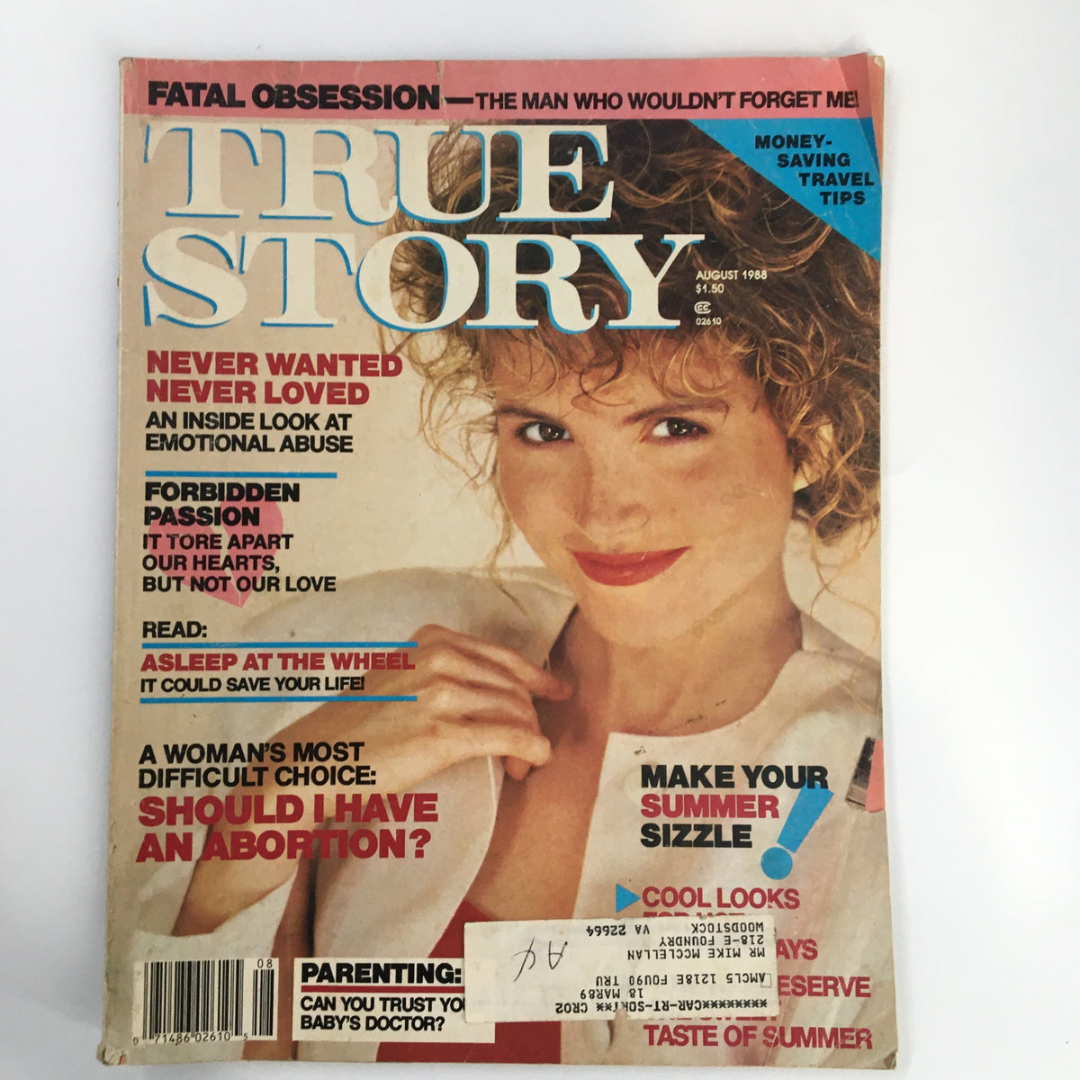 Cover of VTG True Story Magazine August 1988 featuring the headline 'Asleep at the Wheel: It Could Save Your Life' alongside multiple articles like 'Never Wanted Never Loved' on emotional abuse.