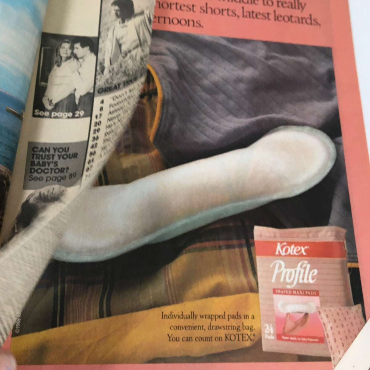 Inside page of VTG True Story Magazine August 1988 with an advertisement for Kotex, featuring a product image and the text 'Individually wrapped pads in a convenient, drawstring bag'.