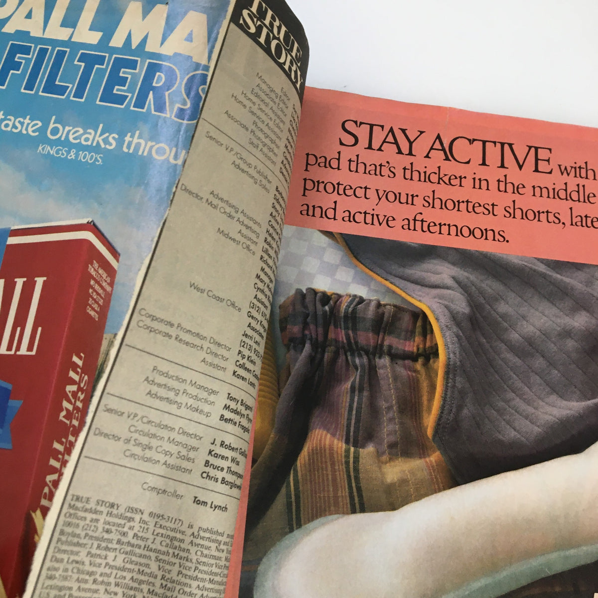 Inside page of VTG True Story Magazine August 1988 featuring an advertisement for Pall Mall Filters, showcasing retro design and nostalgic graphics. This image highlights vintage magazine content related to road safety and lifestyle from the late 1980s.