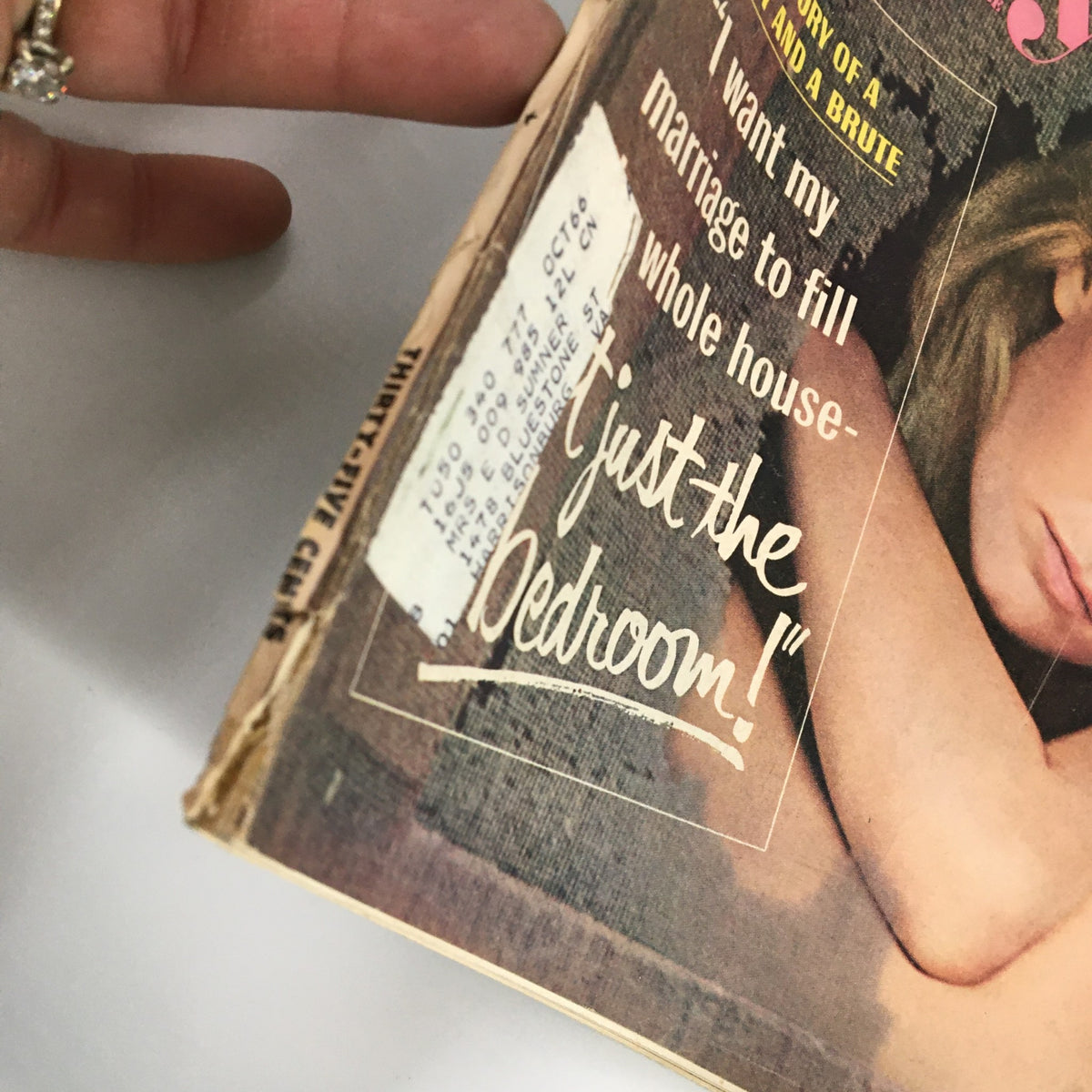 Close-up of the cover detail from True Story Magazine, February 1966, showcasing a provocative tagline about marriage, emphasizing the magazine's vintage appeal.
