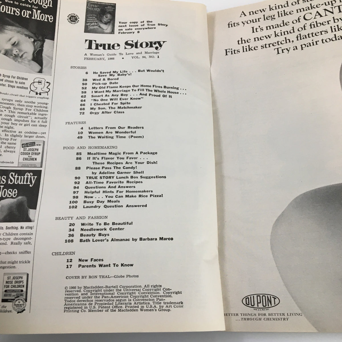 Interior page of VTG True Story Magazine February 1966, showcasing the table of contents including stories about love and marriage, such as 'He Saved My Life' and 'I Cheated For Spite.'