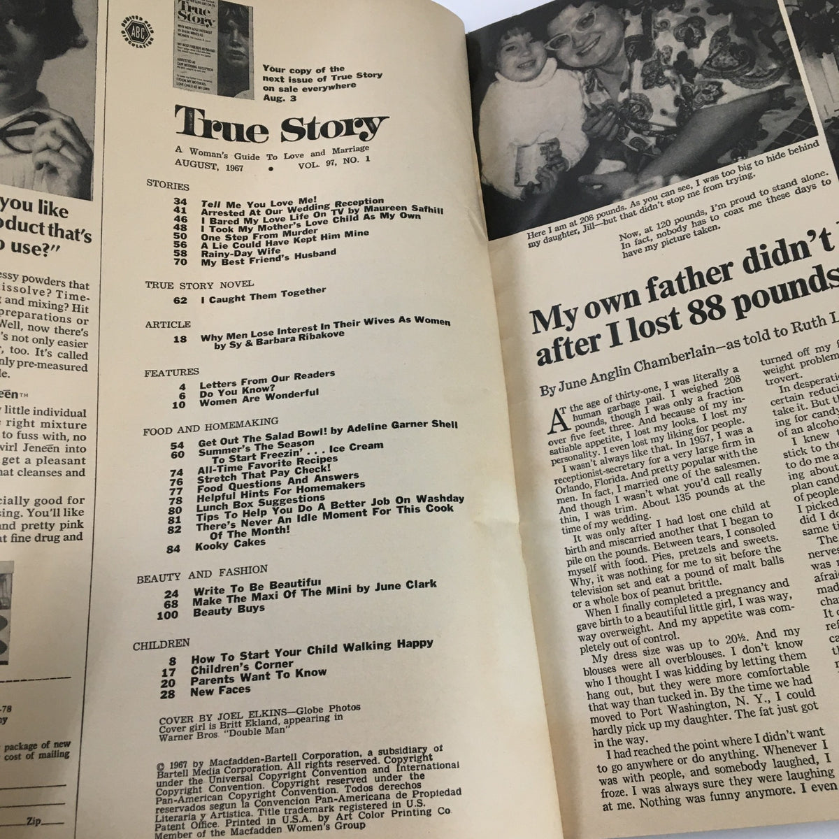 Interior page of the VTG True Story Magazine August 1967, displaying the table of contents with articles including 'Why Men Lose Interest In Their Wives As Women'. This page offers a glimpse into mid-20th-century literature related to love and marriage.