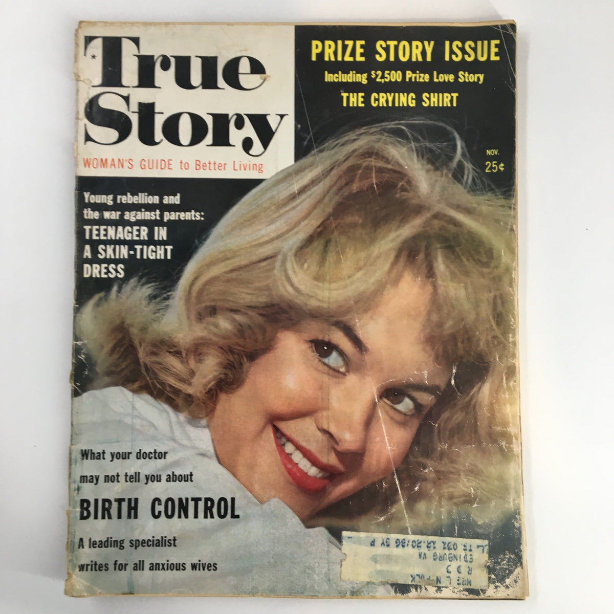 Cover of VTG True Story Magazine November Vol. 81 No. 4 The Crying Shirt Love Story featuring a blonde woman and promotional details about the prize story issue.