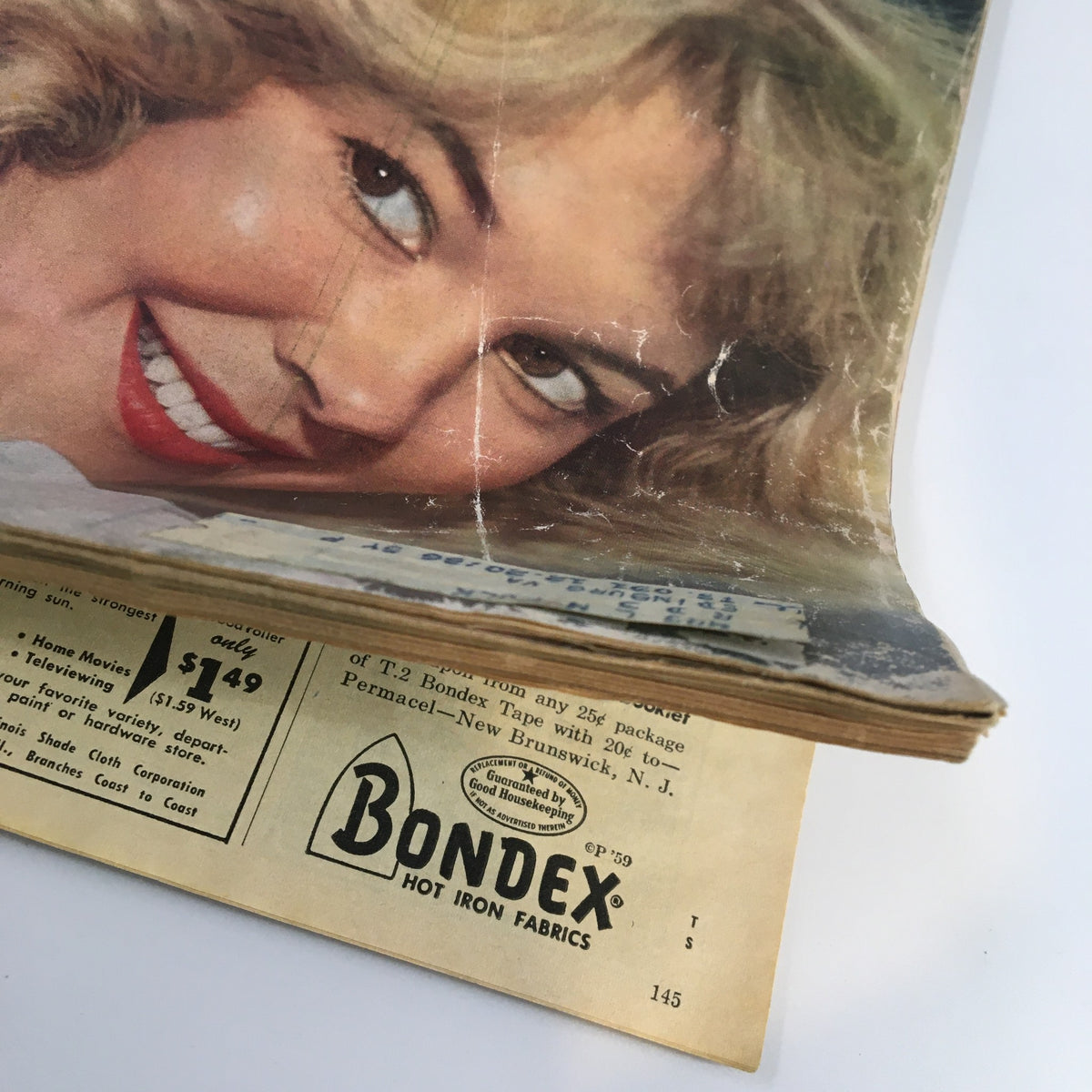 Back cover detail of VTG True Story Magazine November Vol. 81 No. 4 showing an advertisement for Bondex fabric. The image illustrates the vintage marketing style of that era.