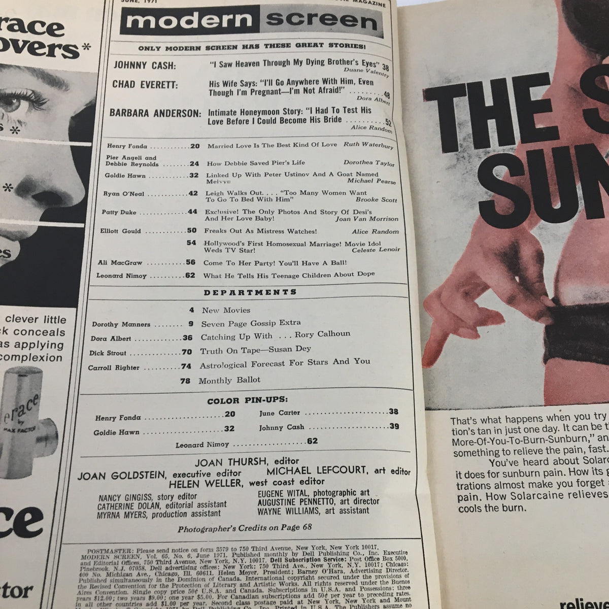 Inside page of Modern Screen Magazine June 1971 outlining various articles including features on Johnny Cash, Patty, and Desi. Highlights stories and departments from the vintage magazine.