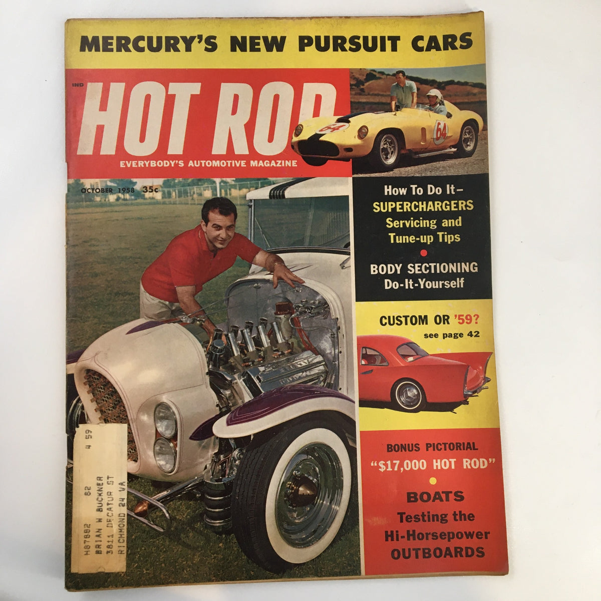 Cover of Hot Rod Magazine, October 1958, featuring high-horsepower outboard tests, vintage automotive themes, and a vibrant design showcasing a man working on a classic car.