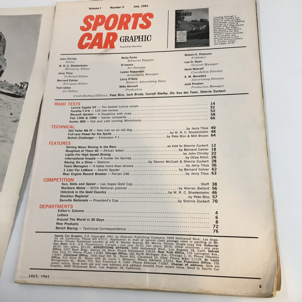 Interior page of Sports Car Graphic Magazine July 1961 displaying the contents list, including articles on Road Tests and features like the Old Yellar Mk IV.